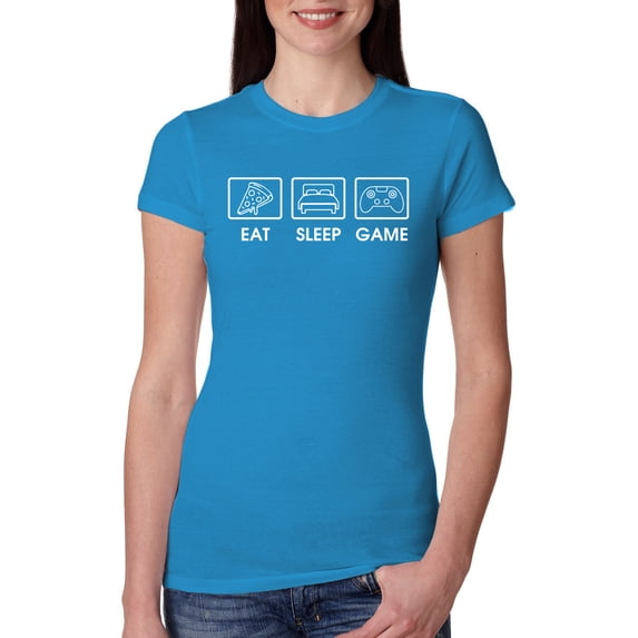 Eat Sleep Game Video Gamer Gift Fan Pop Culture Womens Slim Fit Junior Tee, Turquoise, X-Large