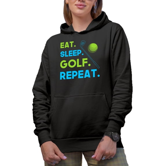 Eat Sleep Golf Repeat with a Ball & Club, Golf Player, Golfing or Golfer Themed Merch Gift, Black Hooded Sweatshirt or Hoodie, Large