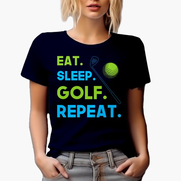 Eat Sleep Golf Repeat with a Ball & Club, Golf Player, Golfing or Golfer Themed Merch Gift, Navy Blue T-Shirt, Small