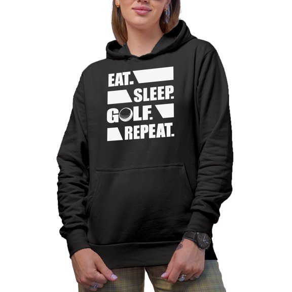 Eat Sleep Golf Repeat with a Ball, Golf Player, Golfing or Golfer Themed Merch Gift, Black Hooded Sweatshirt or Hoodie, Small