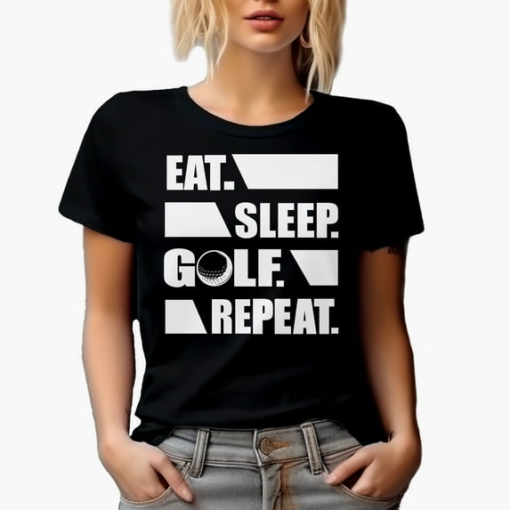 Eat Sleep Golf Repeat with a Ball, Golf Player, Golfing or Golfer Themed Merch Gift, Black T-Shirt, Large