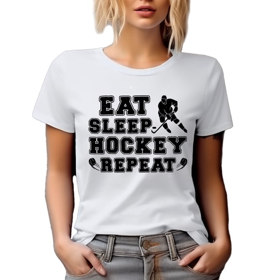 Eat Sleep Hockey Repeat, Field or Ice Hockey Player, White T-Shirt, Large