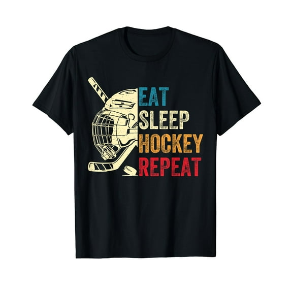 Eat Sleep Hockey Repeat Kids Adult Ice Hockey Retro Vintage T-Shirt Black