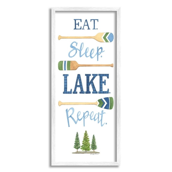Eat Sleep Lake Repeat Oars Phrase Inspirational Graphic Art White Framed Art Print Wall Art