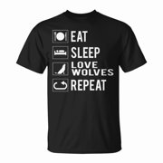 Eat Sleep Love Wolves Repeat Graphic Tee Unisex Adult Cotton Casual Animal Lover T-Shirt for Wolf Fans and Wildlife Enthusiasts, Size 2XL, Color Black