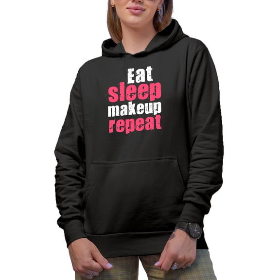 Eat Sleep Makeup Repeat, Beauty Themed Merch Gift for Makeup Artist or Lovers, Cosmetologists & Beauticians, Black Hooded Sweatshirt or Hoodie, Small