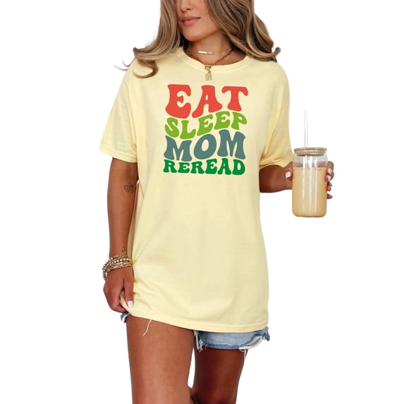 Eat Sleep Mom Reread, Groovy Retro Wavy Text, Butter Comfort Colors T-Shirt, Small
