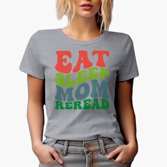 Eat Sleep Mom Reread, Groovy Retro Wavy Text Merch Gift, Heather Grey T-Shirt, XL