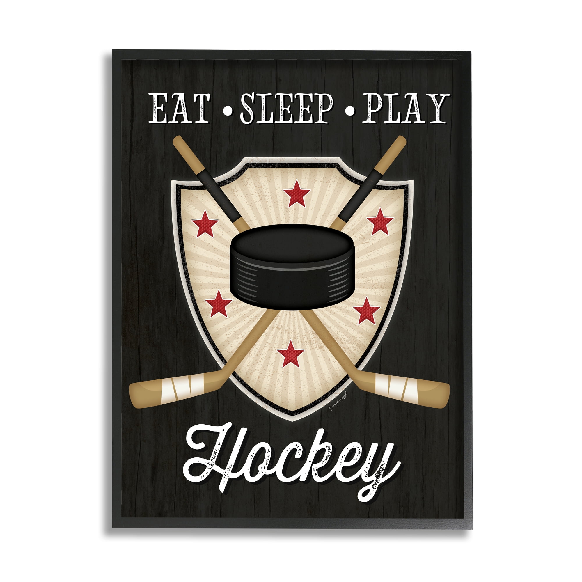 Eat Sleep Play Hockey Phrase Crossed Sticks Puck 11 in x 14 in Framed Painting Art Prints, by Stupell Home Décor