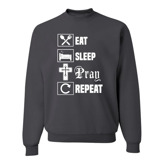 Eat Sleep Pray Repeat for Christians Faith | Mens Inspirational/Christian Crewneck Graphic Sweatshirt, Charcoal, Medium