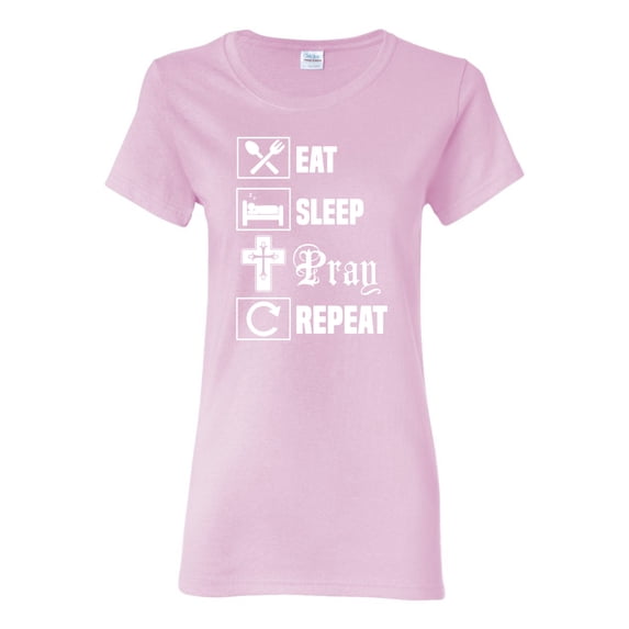 Eat Sleep Pray Repeat for Christians Faith | Womens Inspirational/Christian Graphic T-Shirt, Light Pink, X-Large