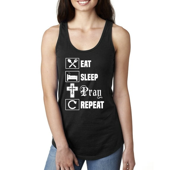 Eat Sleep Pray Repeat for Christians Faith | Womens Inspirational/Christian Jersey Racerback Tank Top, Black, X-Large