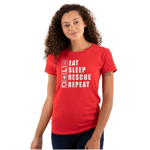 Eat Sleep Rescue Repeat Firefighter Womens Slim Fit Graphic Tee Brisco Brands L