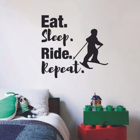 Eat Sleep Ride Repeat Skiing Ski Motivation Quote Wall Sticker Art Decal for Girls Boys Room Bedroom Outdoor Sports Garage House Fun Home Decor Stickers Wall Art Vinyl Decoration Size (30x30 inch)