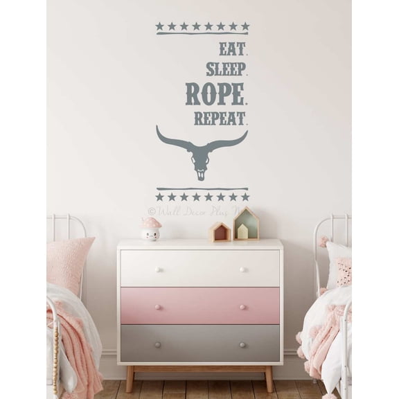 Eat Sleep Rope Repeat Western Wall Art - Quote Decals for Wall - Die-Cut Vinyl Wall Art - Cowboy Inspirational Vinyl Decals - Removable Wall Lettering - Sayings for Wall Decor, 37x20-Inch, Storm Gray