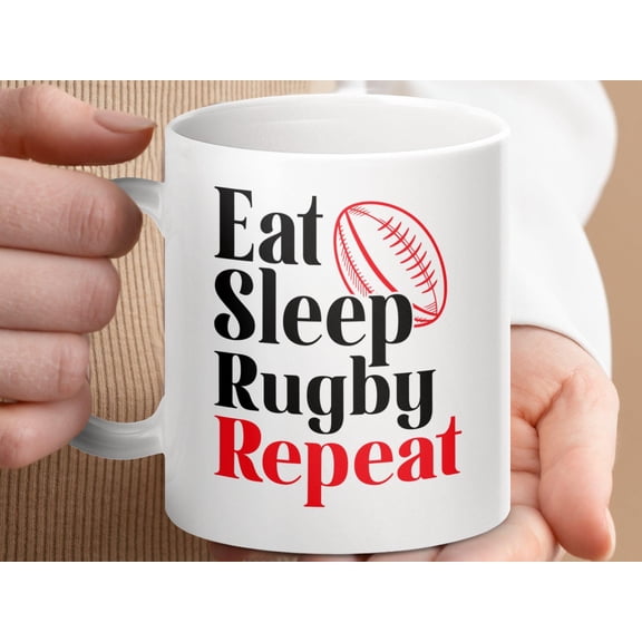 Eat Sleep Rugby Repeat Mug, Funny Sports Fan Coffee Cup Gift