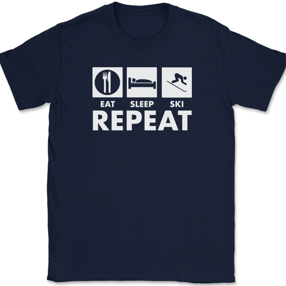 Eat Sleep Ski Repeat T-Shirt Funny Snow Vacation Hobby Gift Tee - Navy, 3XL