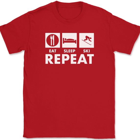 Eat Sleep Ski Repeat T-Shirt Funny Snow Vacation Hobby Gift Tee - Red, S