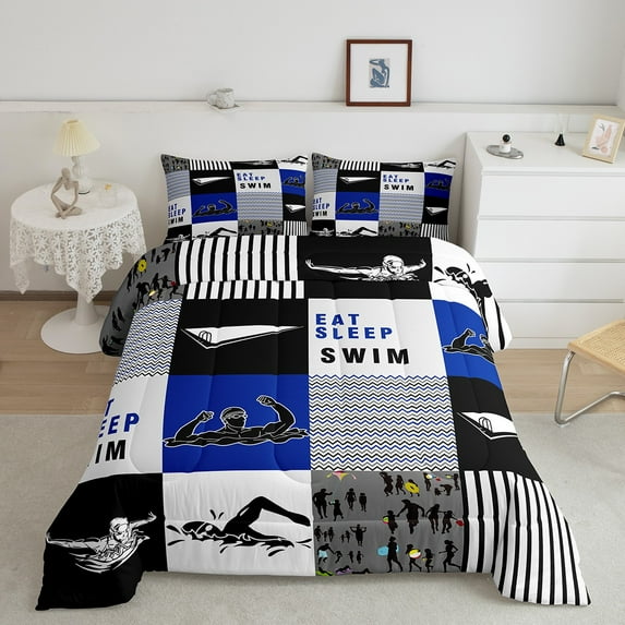 Eat Sleep Swim Comforter Set,Swimming Themed Bedding Twin Size,Swimmer Bedding Comforter Sets,Water Sports Game Duvet Insert with 1 Pillowcase Bedroom Decor,Blue Black White