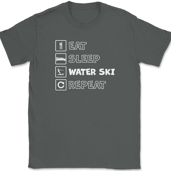 Eat Sleep Water Ski Repeat T-Shirt Funny Lake Weekend Gift Tee - Charcoal, 3XL
