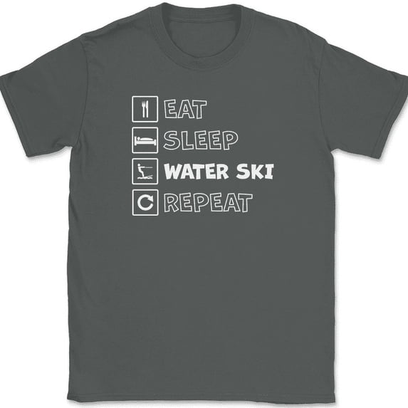 Eat Sleep Water Ski Repeat T-Shirt Funny Lake Weekend Gift Tee - Charcoal, M