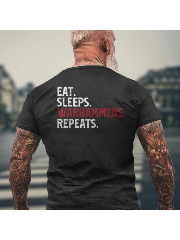 Eat Sleeps Warhammers Repeats Vintage Graphic Men’s Back Print Tee for Unisex Adults, Soft Cotton Gaming/Themed Top for Casual Outfits, Hobby Fans, and Everyday Wear, Size 2XL, Color Black
