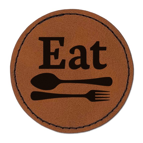 Eat Spoon and Fork Kitchen 2.5" Faux Leather Round Engraved Iron-On Patch - Brown