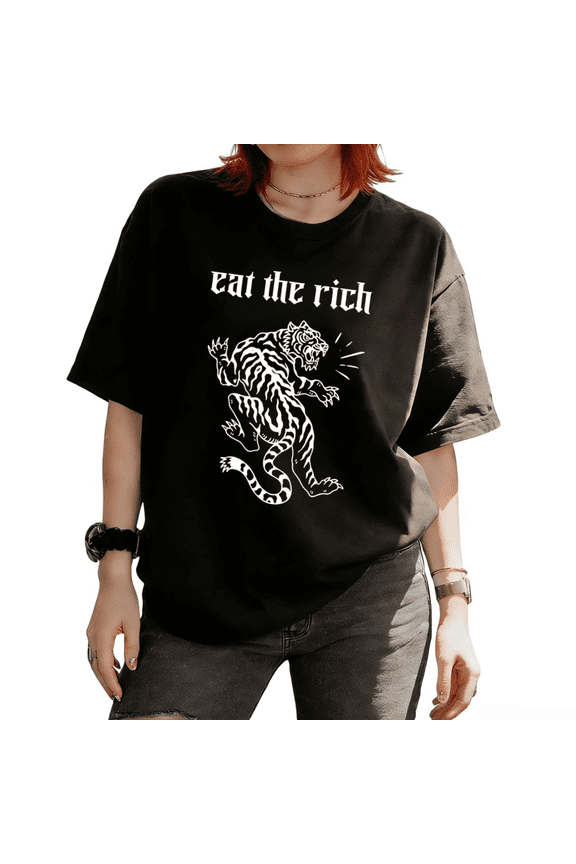 Eat The Rich Tiger Graphic Tees T-shirt Anti-Capitalist Retro Comfortable Short Sleeve Round Neck Black S-5XL