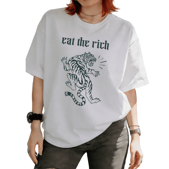 Eat The Rich Tiger Graphic Tees T-shirt Anti-Capitalist Retro Comfortable Short Sleeve Round Neck White S-5XL
