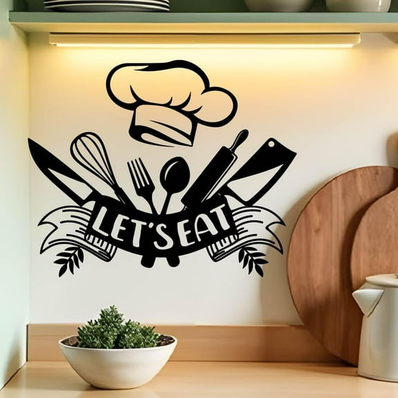 Let's Eat Wall Decor Cutlery Wall Sticker Kitchen Wall Decals Vinyl Wall Art Decor Let's Eat Wall Stickers Peel and Stick Wall Decals for Home Kitchen Dining Room Wall Decor