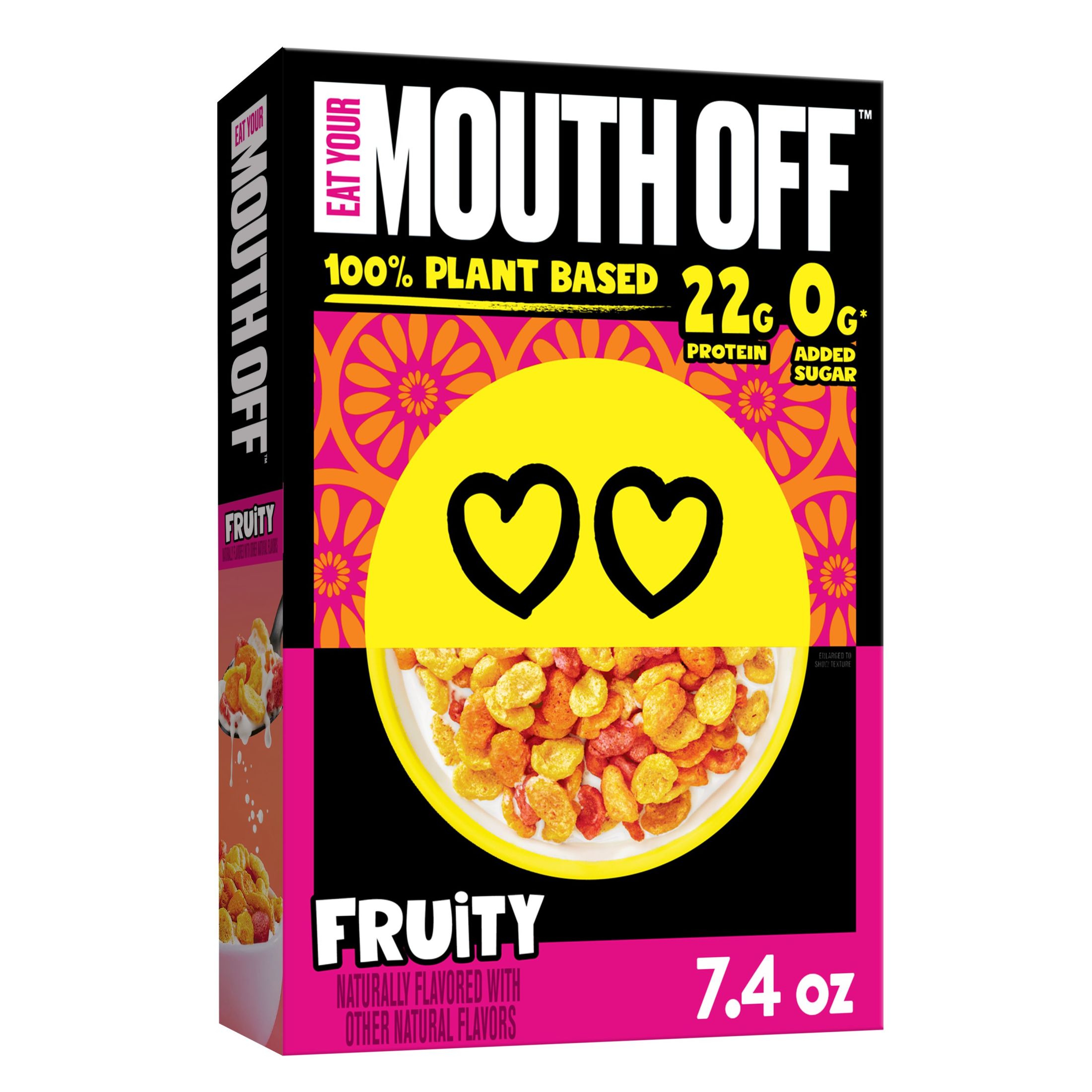 Eat Your Mouth Off Fruity Vegan, Plant Based Protein Cereal, 22g Protein, 7.4 oz Box - image 1 of 13