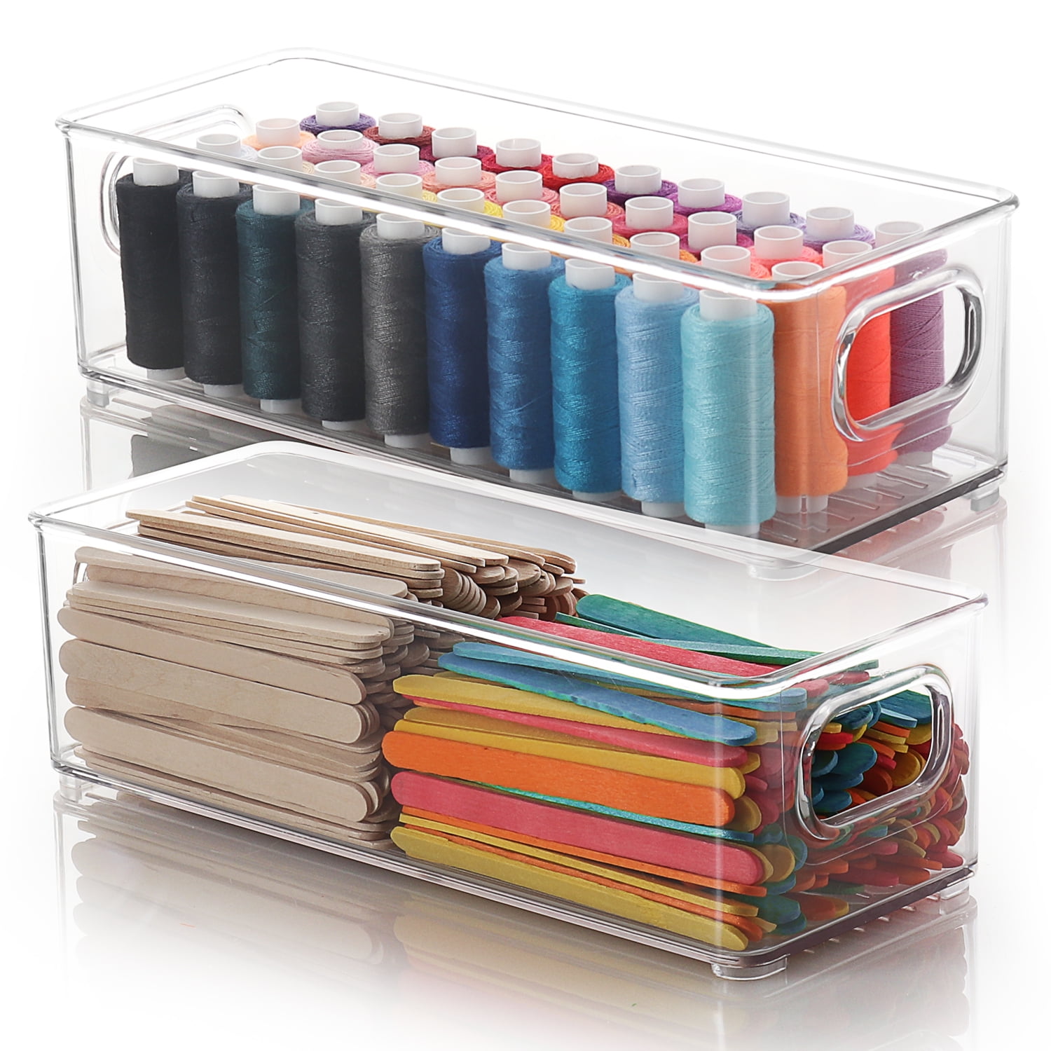 EatEx 2 Pack Clear Plastic Storage Organizer Bin with Handles - Stackable Bin Tray for Home, Classroom, Playroom, Studio - Great Bin for Crafts, Art, Brushes, Paint, Sewing Supplies