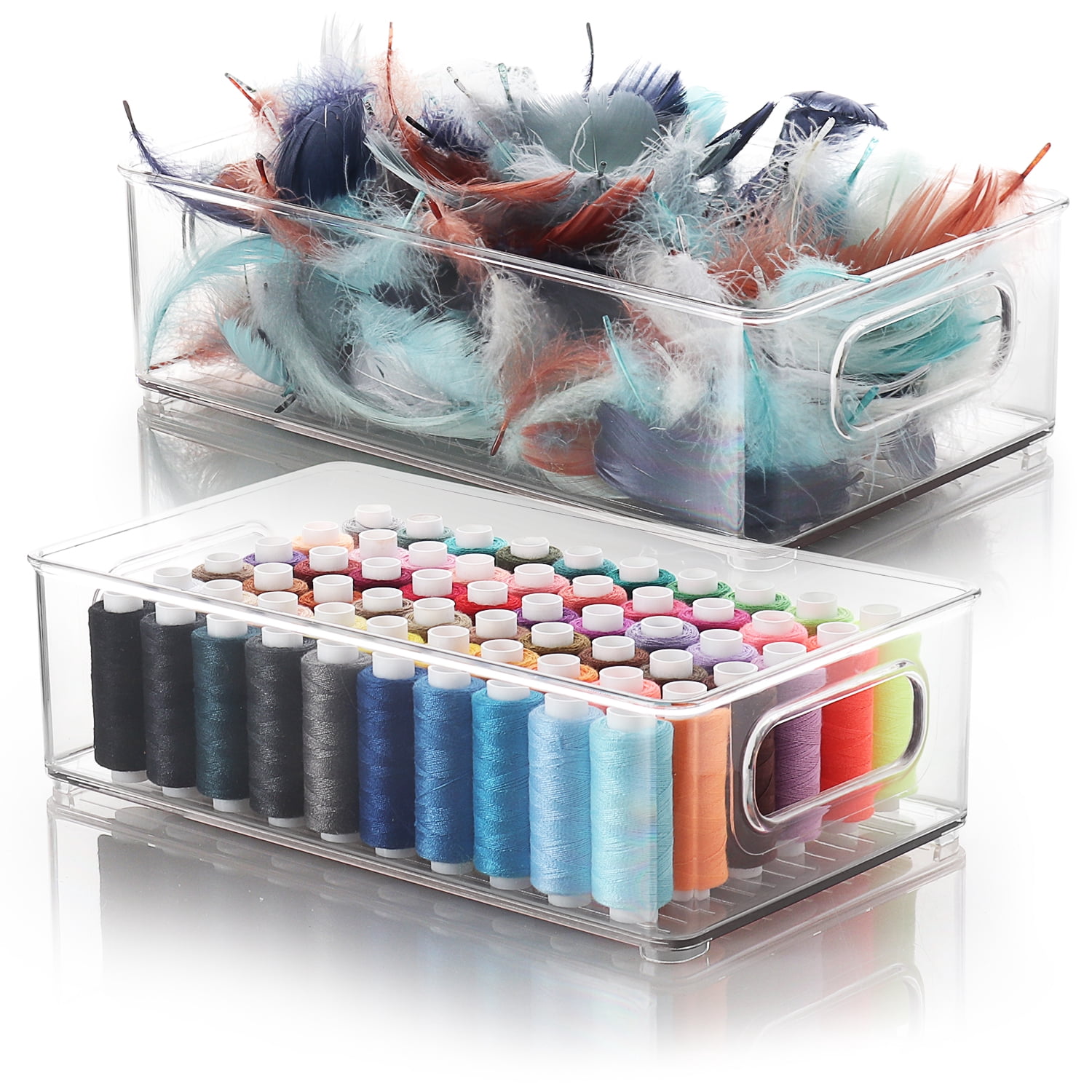 EatEx 2 Pack Clear Plastic Storage Organizer Bin with Handles - Stackable Bin Tray for Home, Classroom, Playroom, Studio - Great Bin for Crafts, Art, Brushes, Paint, Sewing Supplies