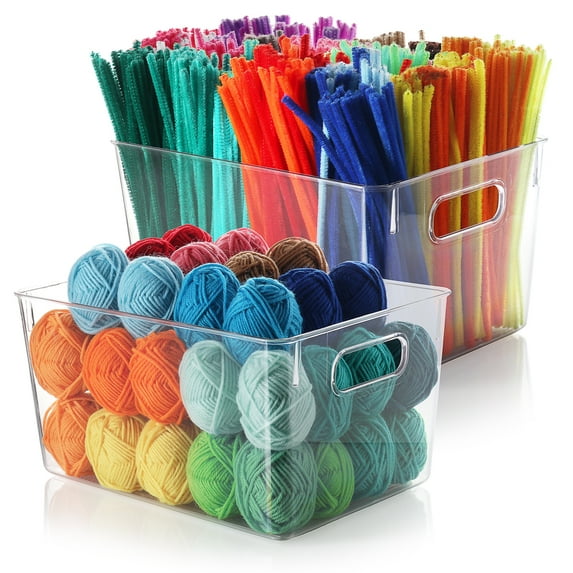 EatEx 2 Pack Clear Plastic Storage Organizer Bin with Handles - Stackable Bin Tray for Home, Classroom, Playroom, Studio - Great Bin for Crafts, Art, Brushes, Paint, Sewing Supplies