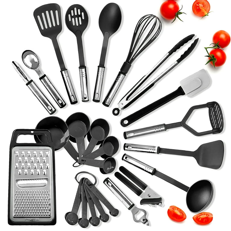 EatEx Kitchen Utensil Set 24 Nylon Stainless Steel Utensil Set, Non-Stick  and Heat Resistant Cooking Utensils Set, Kitchen Tools - Black 