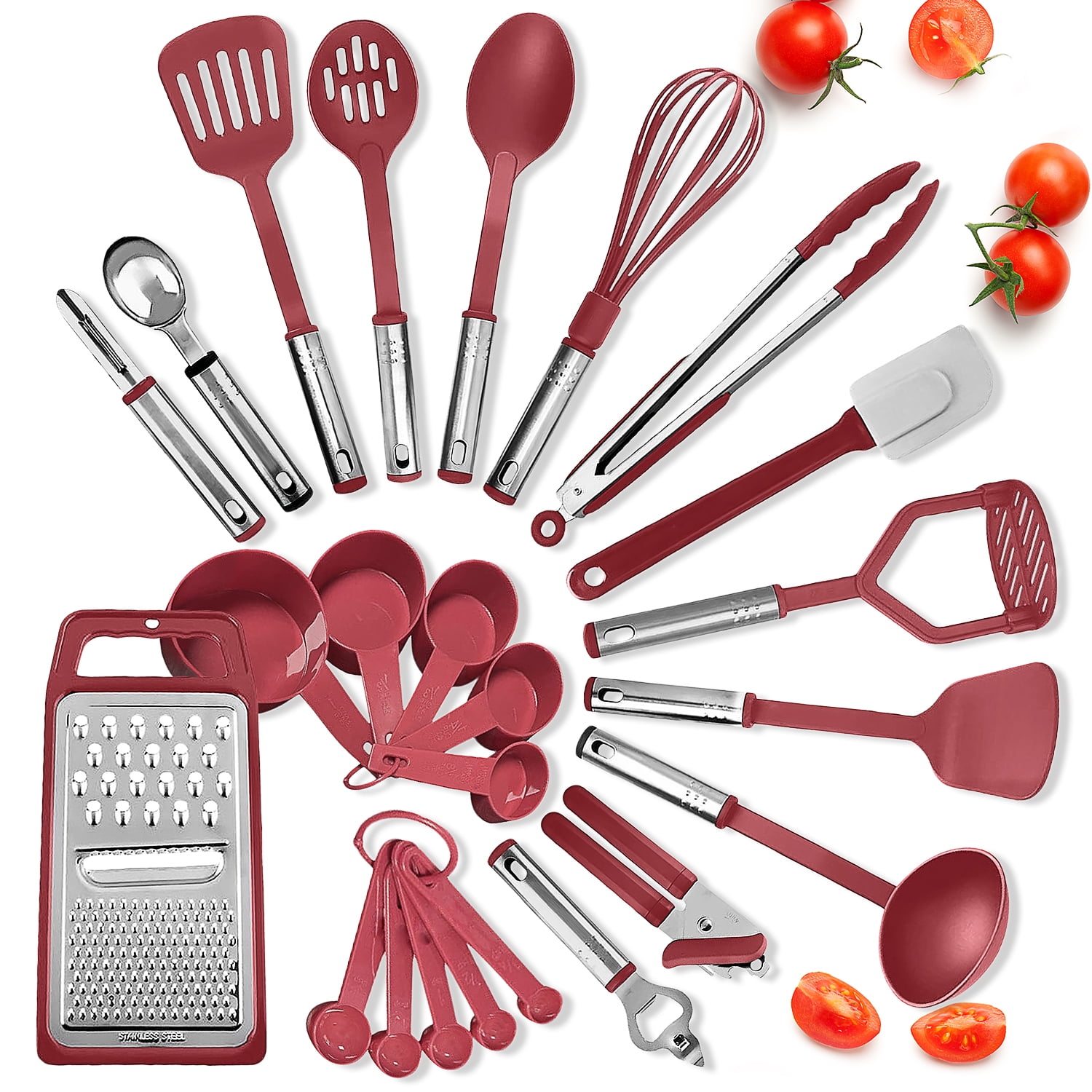 24-Piece Red Nylon and Stainless Steel Kitchen Utensil Set