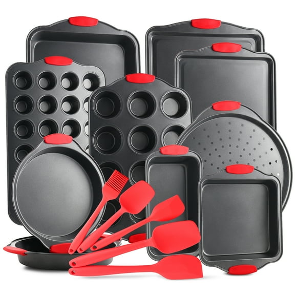 EatEx Nonstick Carbon Steel Bakeware Set - 15-Piece Baking Tray Set With Silicone Handles - Oven Safe Cookie Sheets, Baking Pans, Cake Loaf, Muffins & Bread Pan & More
