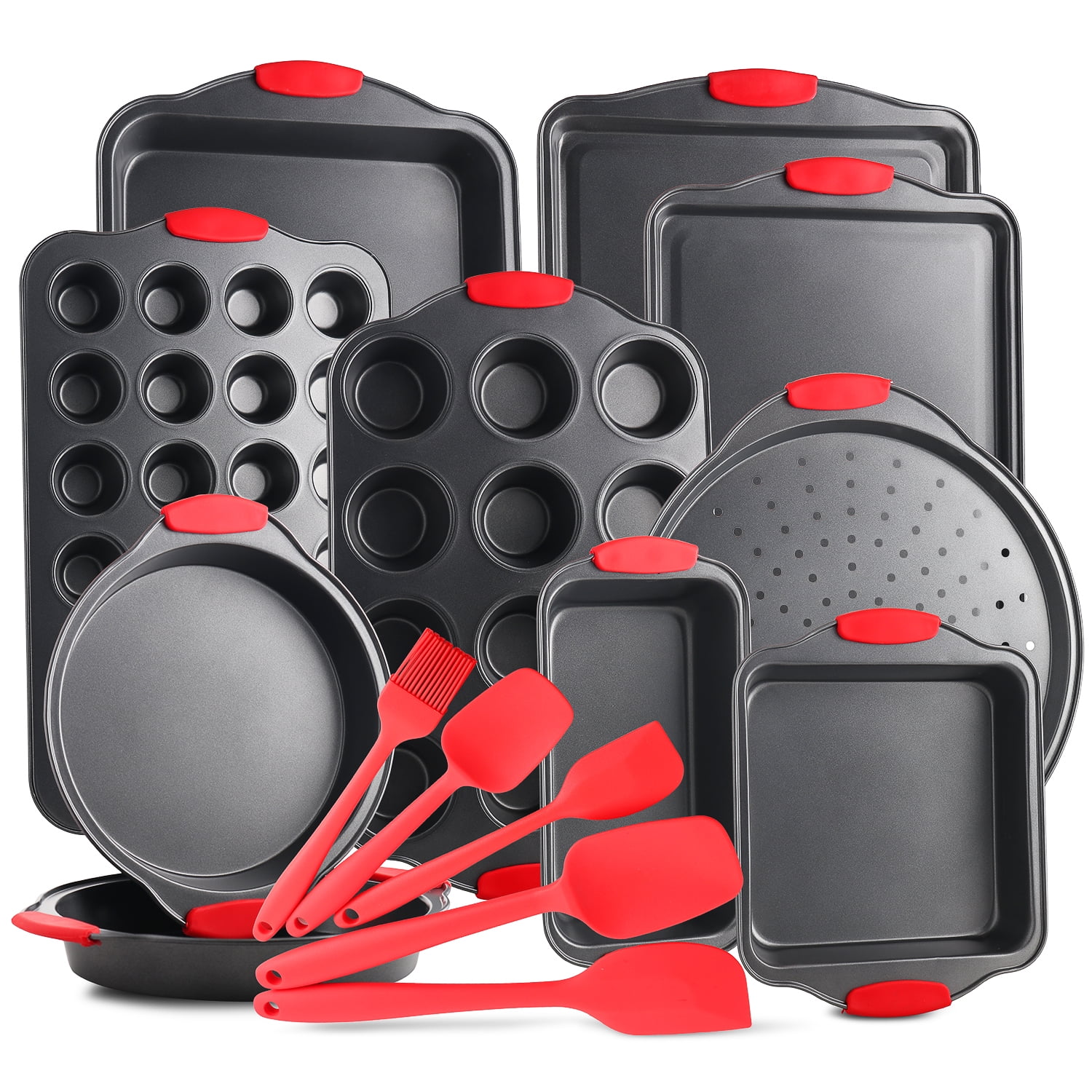 Eatex 39-Piece Nonstick Black Steel Bakeware Set with Red Utensil and Silicone Handles