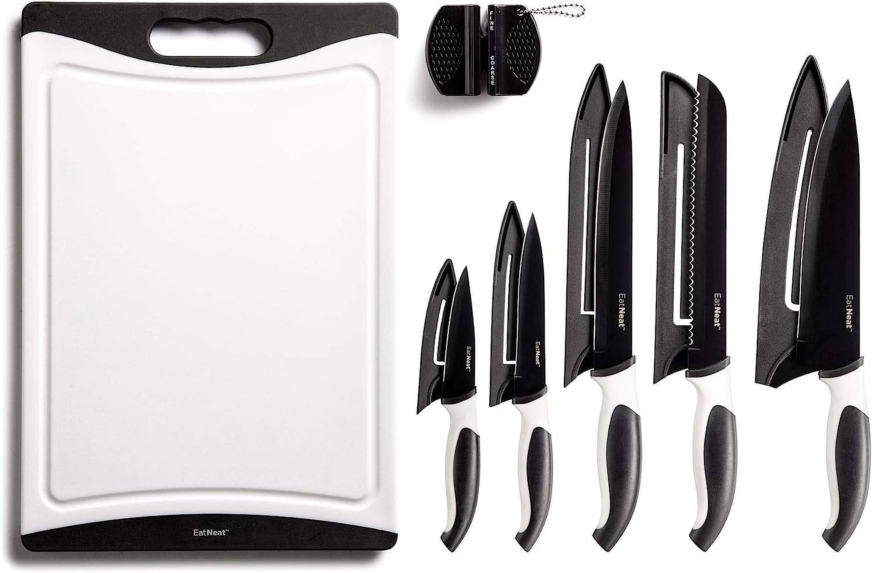  EatNeat 12 Piece Kitchen Knife Set - 5 Black Stainless Steel  Knives with Safety Sheaths, a Cutting Board, and a Sharpener, Razor Sharp  Cutting Tools that are Kitchen Essentials for New