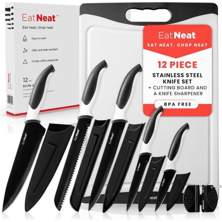 EatNeat 12 Piece Knife and Cutting Board Set: Premium Sleek Non-Stick Stainless Steel Chef Knife with Protective Sheaths & Sharpener - Cooking Gifts Idea - Ergonomic Sharp Knives for Kitchen