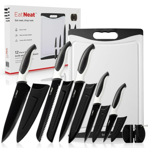EatNeat 12-Piece Knife Set: Ergonomic Sleek Black Non-Stick Coated Stainless Steel Knives, Protective Sheaths, Cutting Board & Sharpener - Gifts for New Home, Apartments, RV, Kitchen Chef’s Essentials