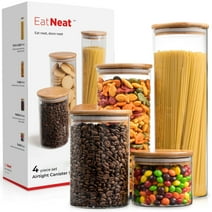 EatNeat 4-Piece Glass Canister Set with Airtight Bamboo Lids - Stylish Kitchen Countertop Containers for Storage - Modern Jars for Food Organization - Clear and Natural Finish, Various Sizes
