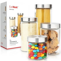 EatNeat 4-Piece Glass Canisters Set with Stainless Steel Lids - Sleek Airtight Glass Storage Containers for Flour, Sugar, Coffee, and Snacks, Essential for Kitchen Organization, Clear, Various Sizes