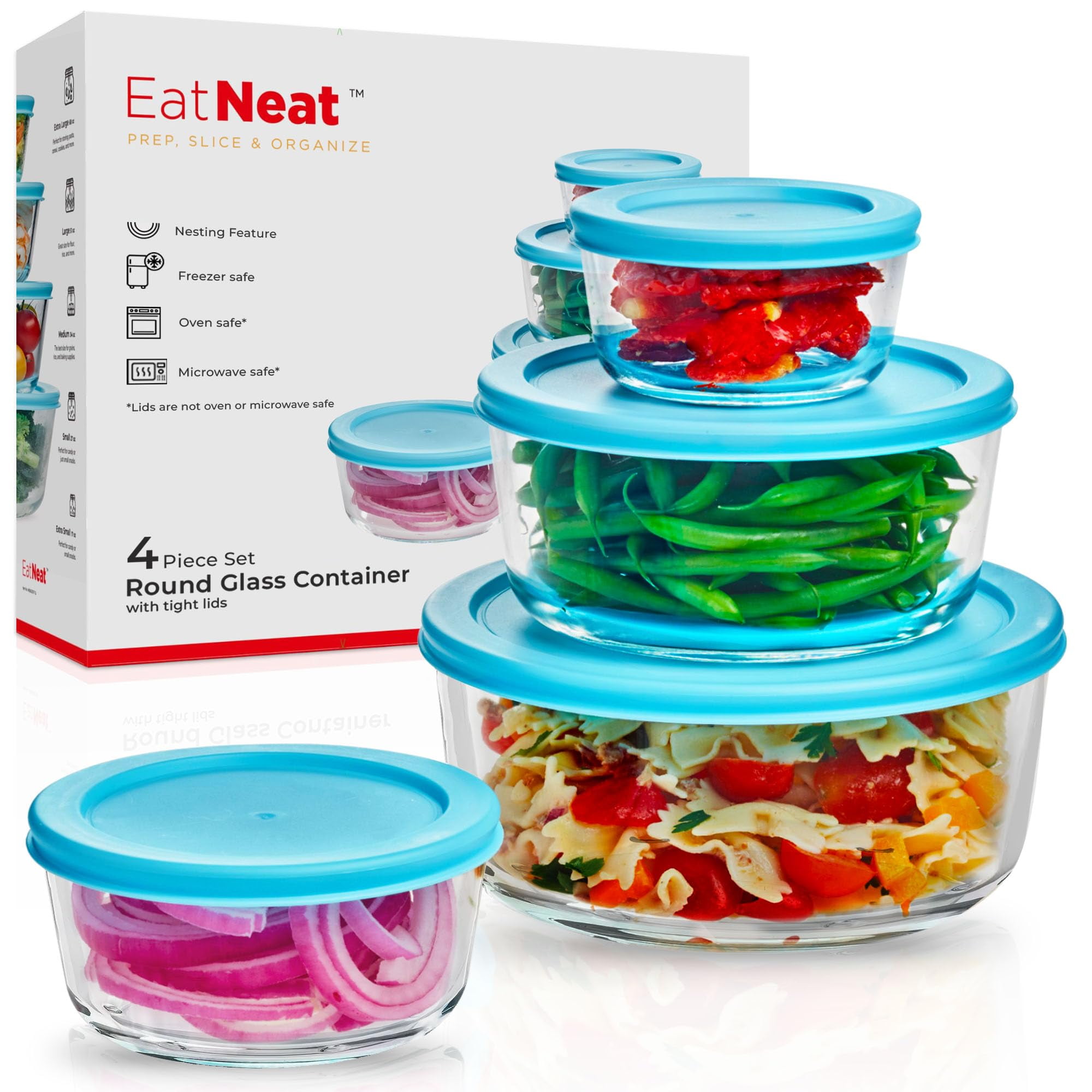 EatNeat 4 Piece Set Round Glass Food Storage Containers with Lids Nesting, Durable Clear