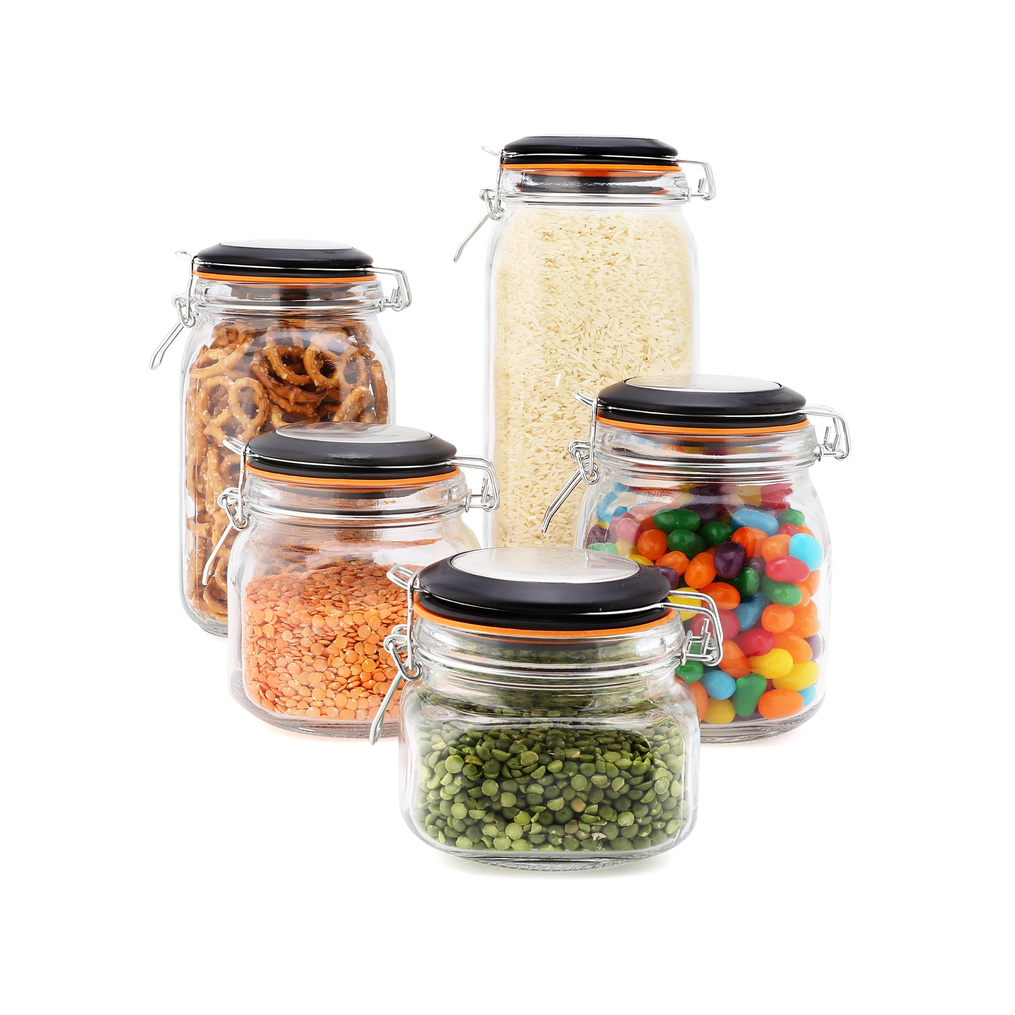 EatNeat 5-Piece Airtight Glass Kitchen Canisters with Black Lids - Set of 5  