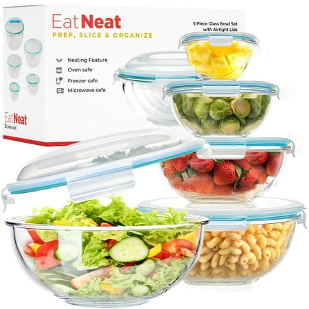 EatNeat Set of 5 Glass Food Storage Bowls with Airtight Snap Locking Lids - Salad, Mixing, Cooking, Meal Prepping & Leftover Keeping - Stackable, Nesting & Space Saving Home Kitchen Bowls - BPA-Free