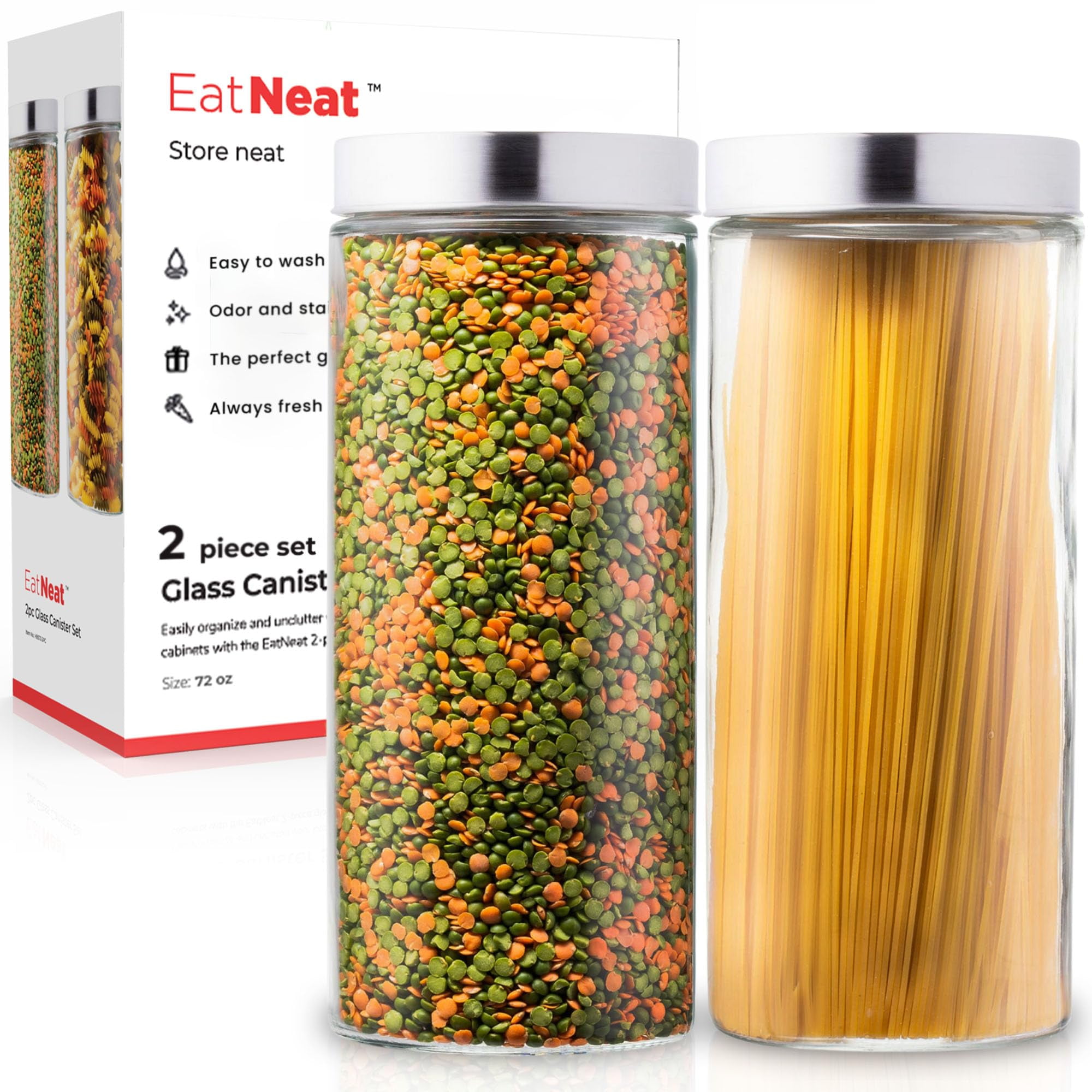 EatNeat Set of 2 Clear Glass Kitchen Canisters with Stainless Steel Lids