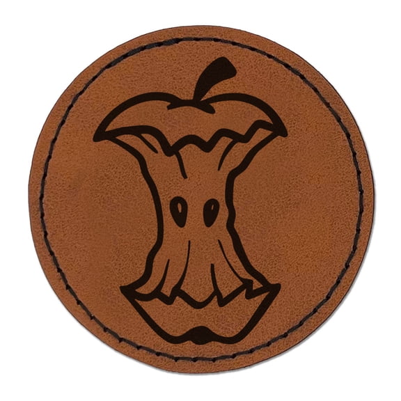 Eaten Apple Core Garbage Compost Food Seeds Round Iron-On Engraved Faux Leather Patch Applique - 2.5 Inch - Brown
