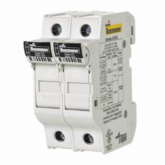 Finger Safe Fuse Block, CC UL Class, 600V AC/DC Volt Rating, 2 Poles, Box Lug; Clamp