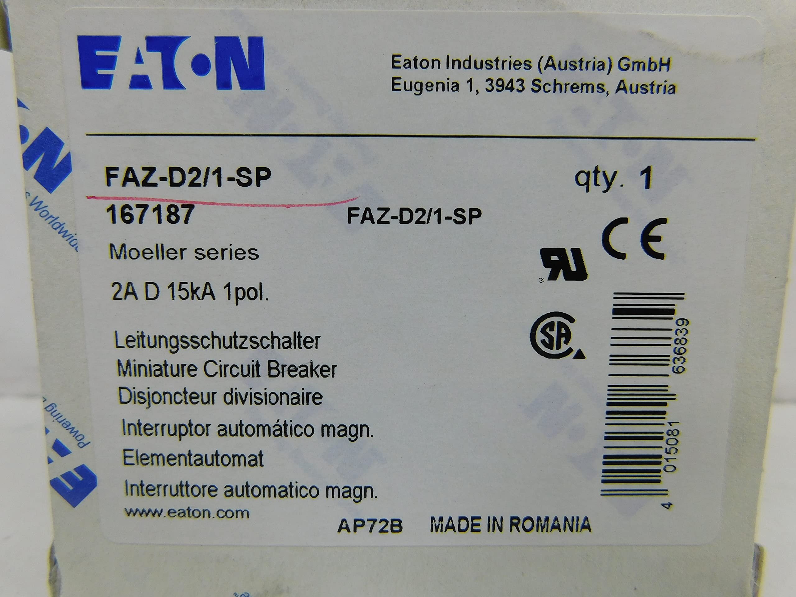 Eaton/Cutler Hammer FAZ-D2/1-SP Supplementary Protector 2 Amp 277 Volt AC 48 Volt DC 1-Pole DIN Rail Mount